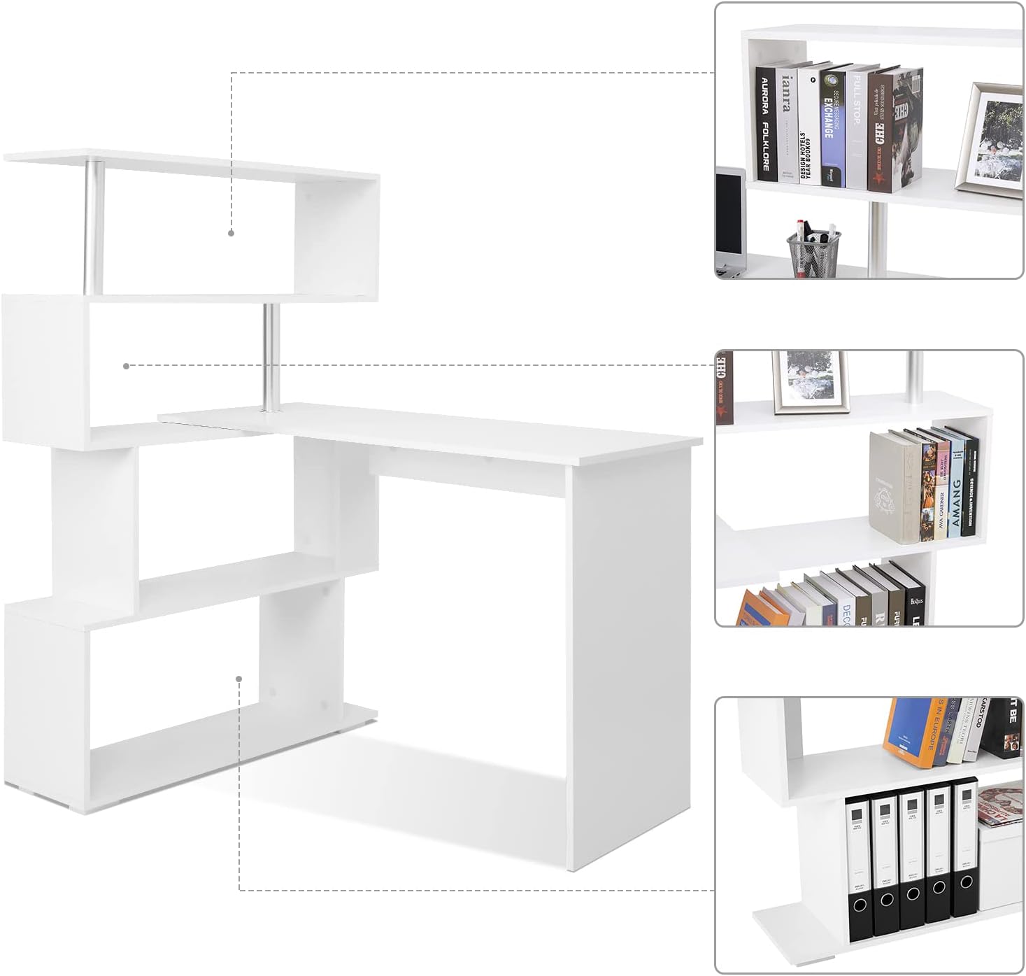 Mondeer Computertisch L-Förmig, Eckschreibtisch, mit 360 Grad Drehbarem Bücherregal für Arbeitszimmer Wohnzimmer Büro 157 x 45 x 130,5 cm, Weiß