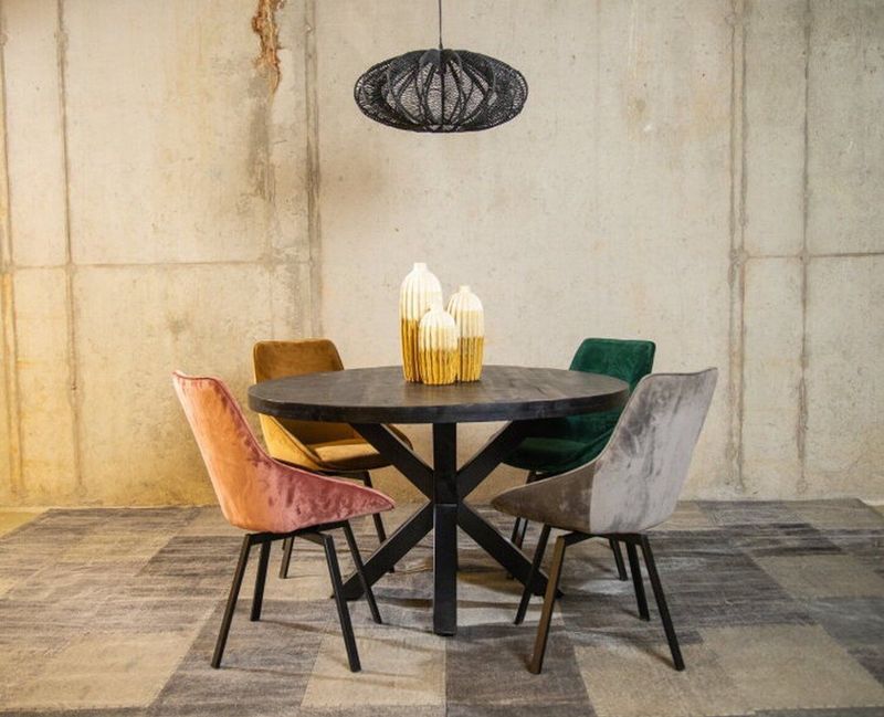 Meubelplaats Ronde Zwarte Mango Eettafel Black Spider 130 cm - Industrieel Design - Massief zwart Mangohout