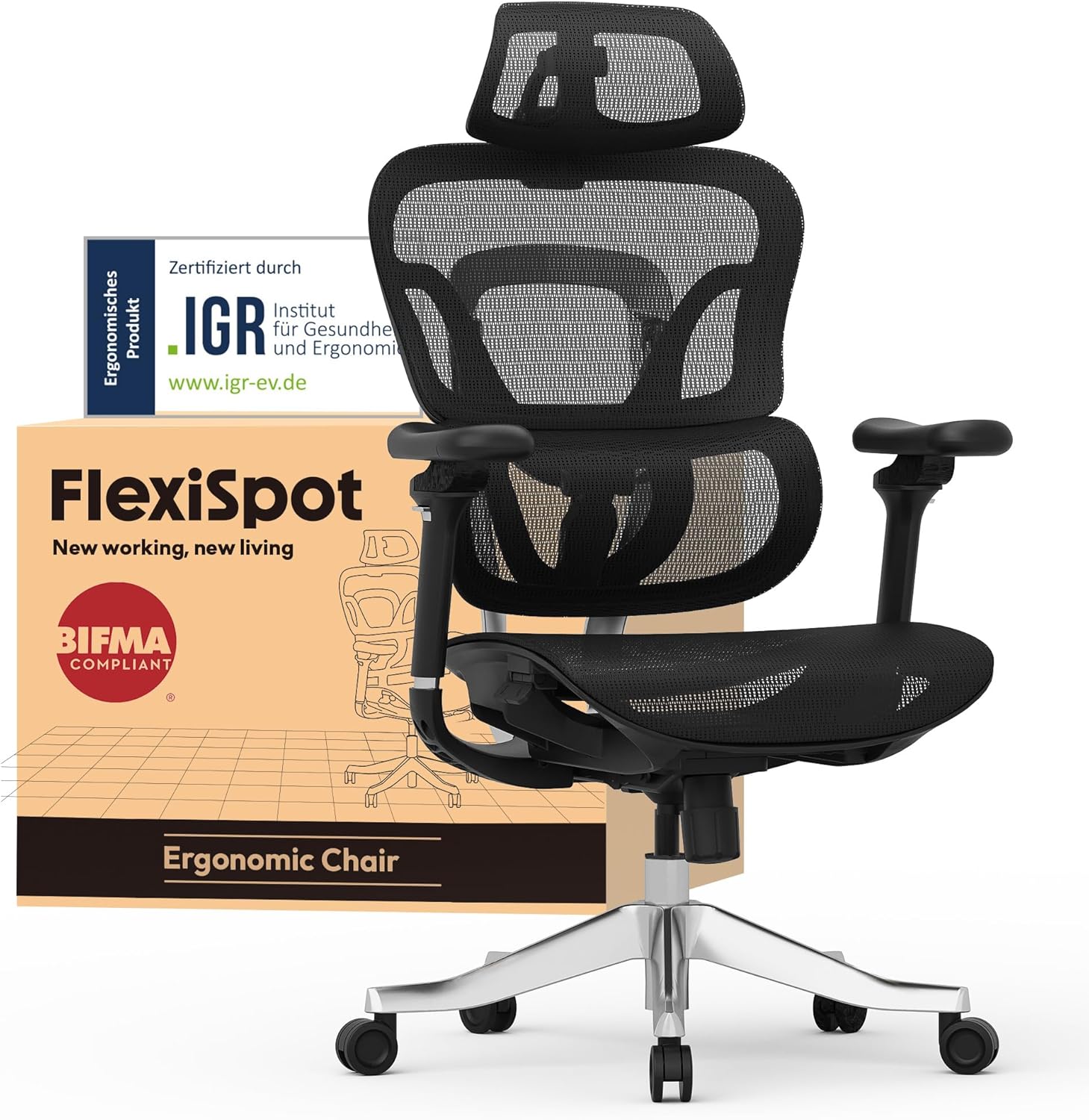 FLEXISPOT Ergonomischer Stuhl bis 300 kg, mit 4D Kopfstütze & 5D Armlehnen,Einteiliger Rücken- & Lendenstütze Bürostuhl für Büro und Gaming, ErgoX Max, Schwarz