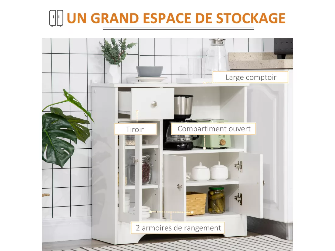 Buffet de cuisine meuble de rangement moderne avec porte en verre, tiroir, grande niche et étagères réglables, 80 x 30 x 82 cm, blanc