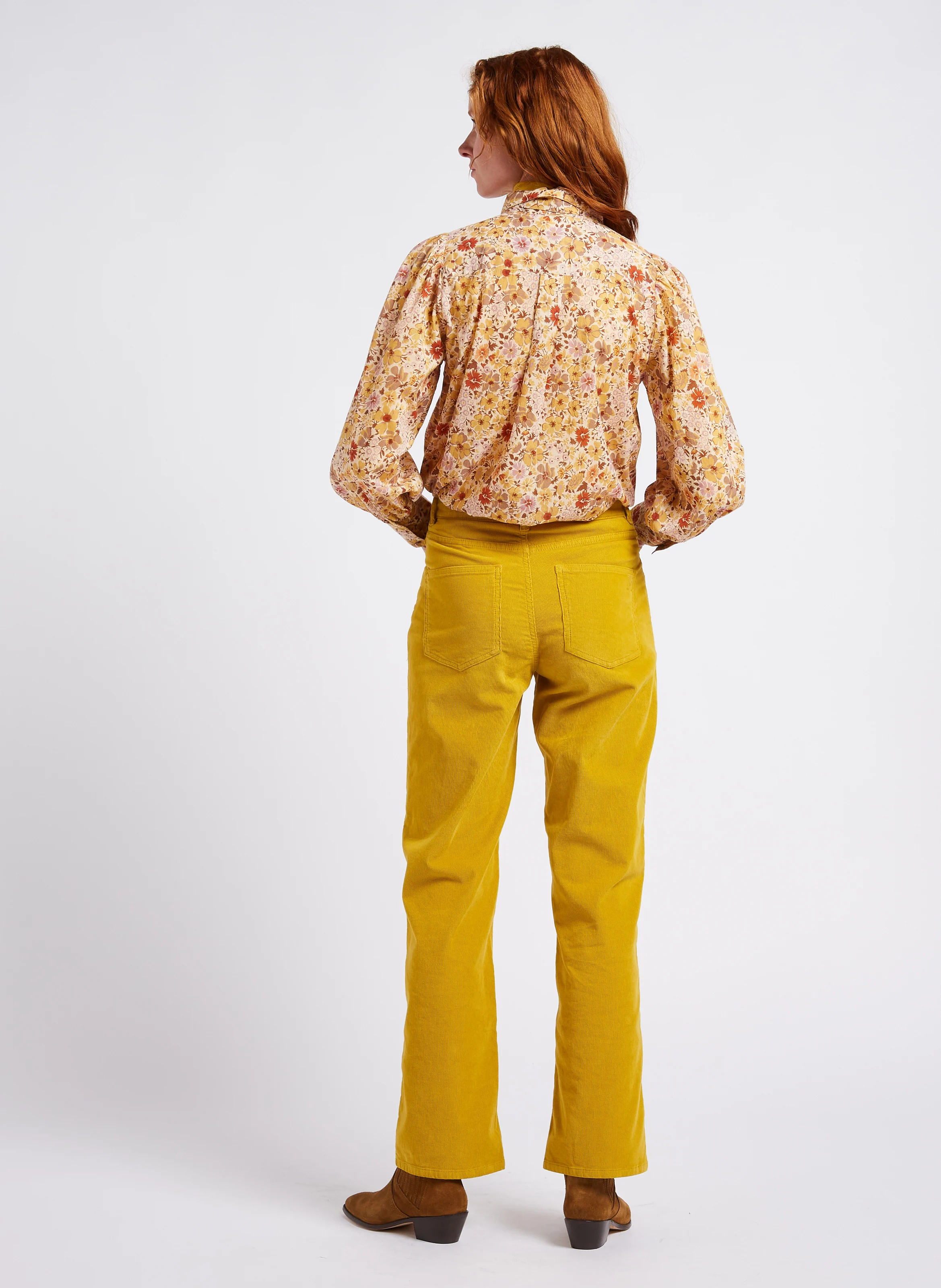 PERRINE - Pantalon droit en coton côtelé | Jaune