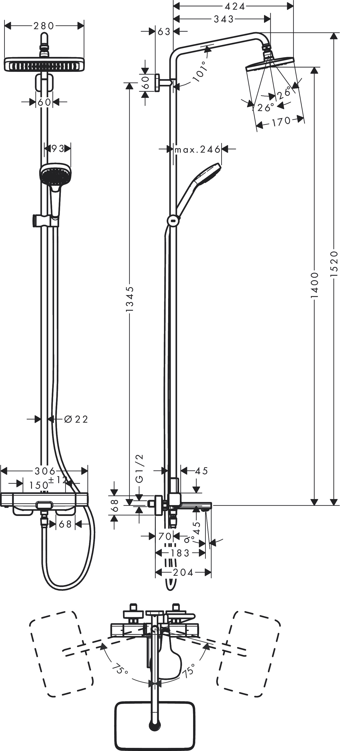 Hansgrohe Croma Select E opbouw regendouche met badthermostaat en 28cm hoofddouche chroom
