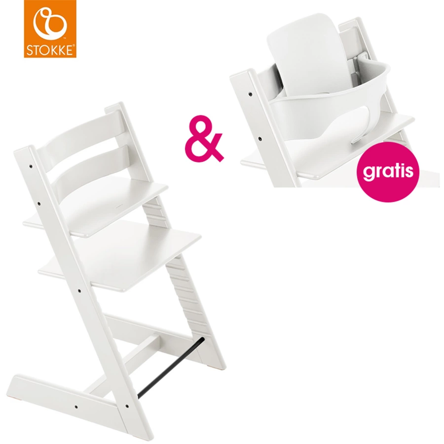 STOKKE® Tripp Trapp® Hochstuhl Buche weiß + gratis Baby Set weiß