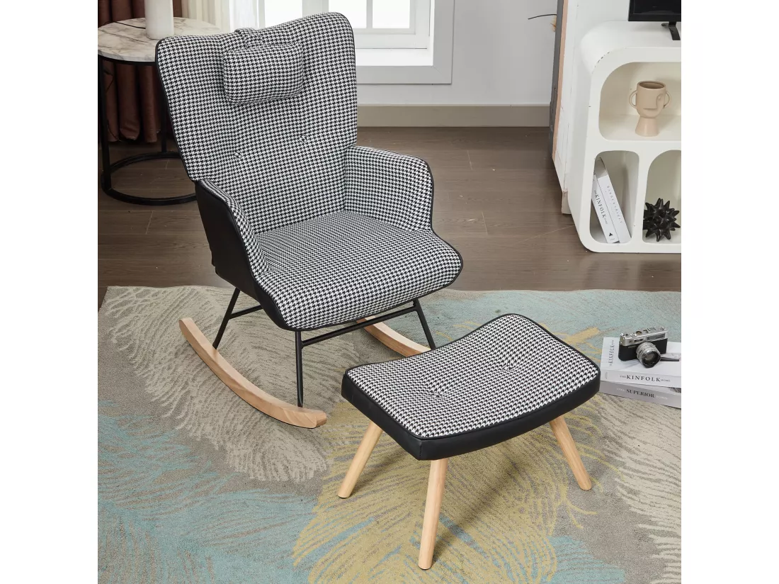 Fauteuil à bascule avec poche latérale, appui-tête et repose-pieds - 85 x 65 x 96 cm - Motif chippendale - Noir + blanc