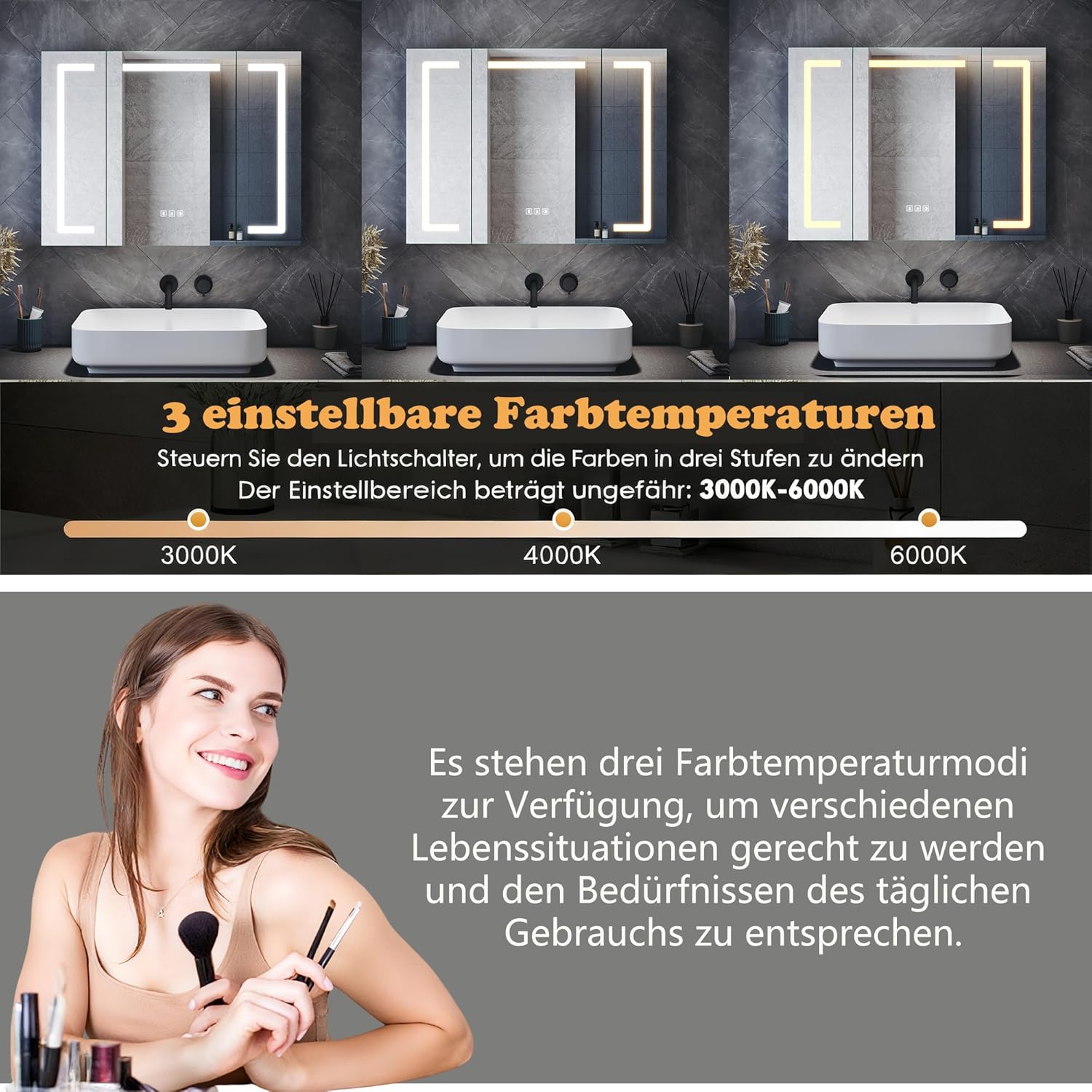 Spiegelschrank Bad mit Beleuchtung 80x60x12,5cm LED Spiegelschrank mit Dimmbar, Verstellbare Glasablage, mit Bluetooth, Touchschalter und Steckdose, Beschlagfrei, Aluminium Badschrank, Siber