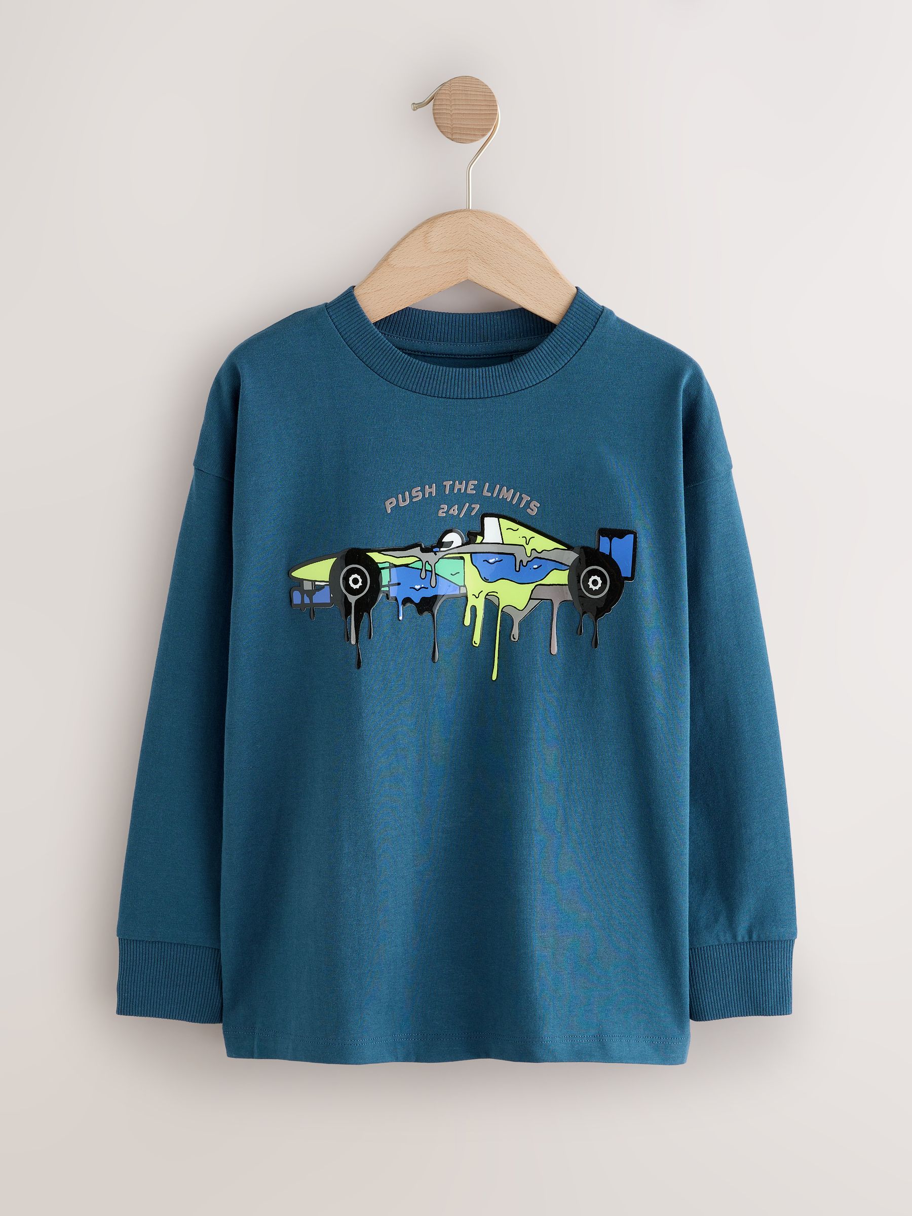 Marineblauwe racewagen - Relaxed Fit Graphic Long Sleeve Cotton T-Shirt (3-16yrs)
