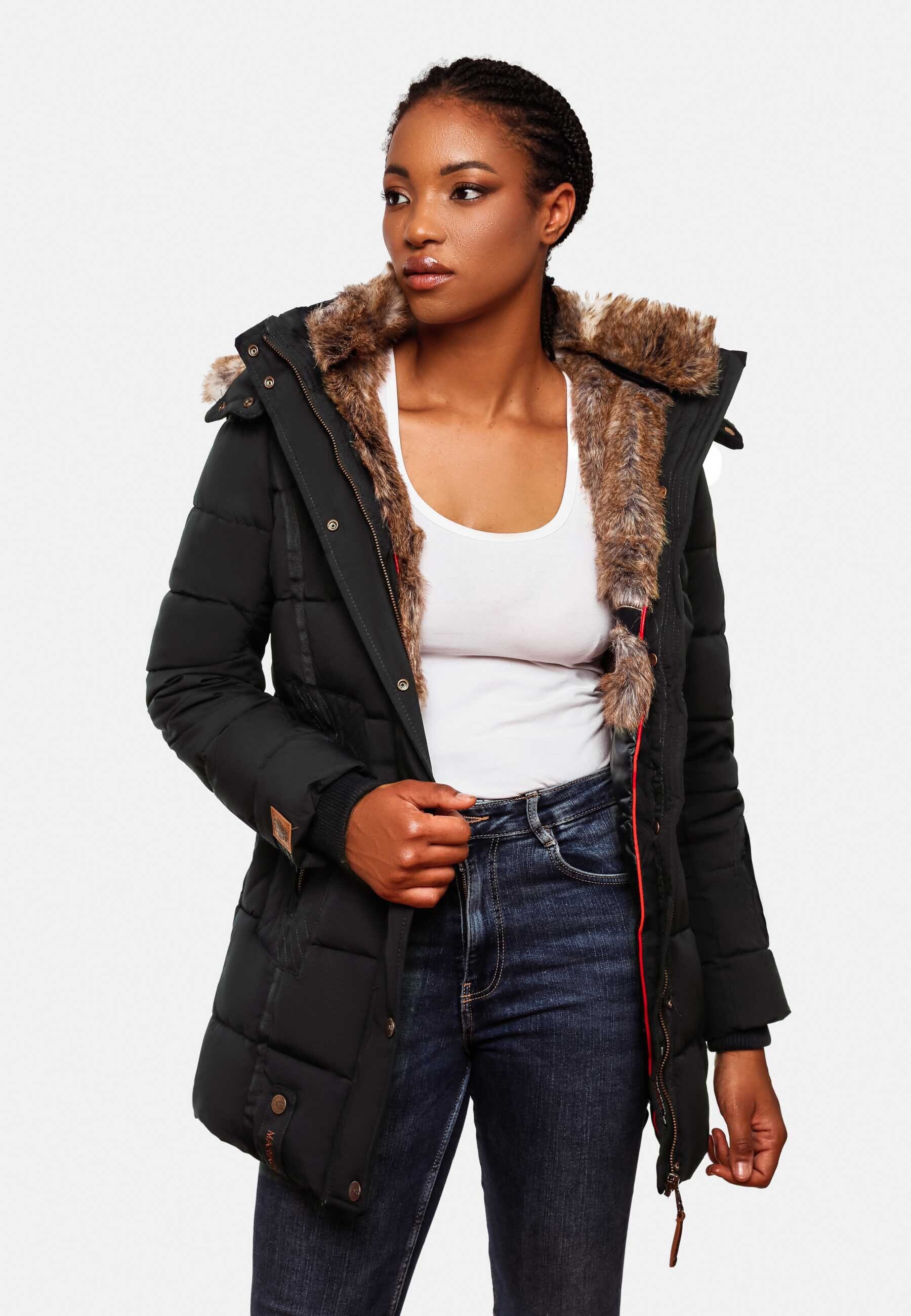 MARIKOO Damen stylischer Wintermantel Steppmantel mit Kunstpelz-Kapuze Lieblings Jacke