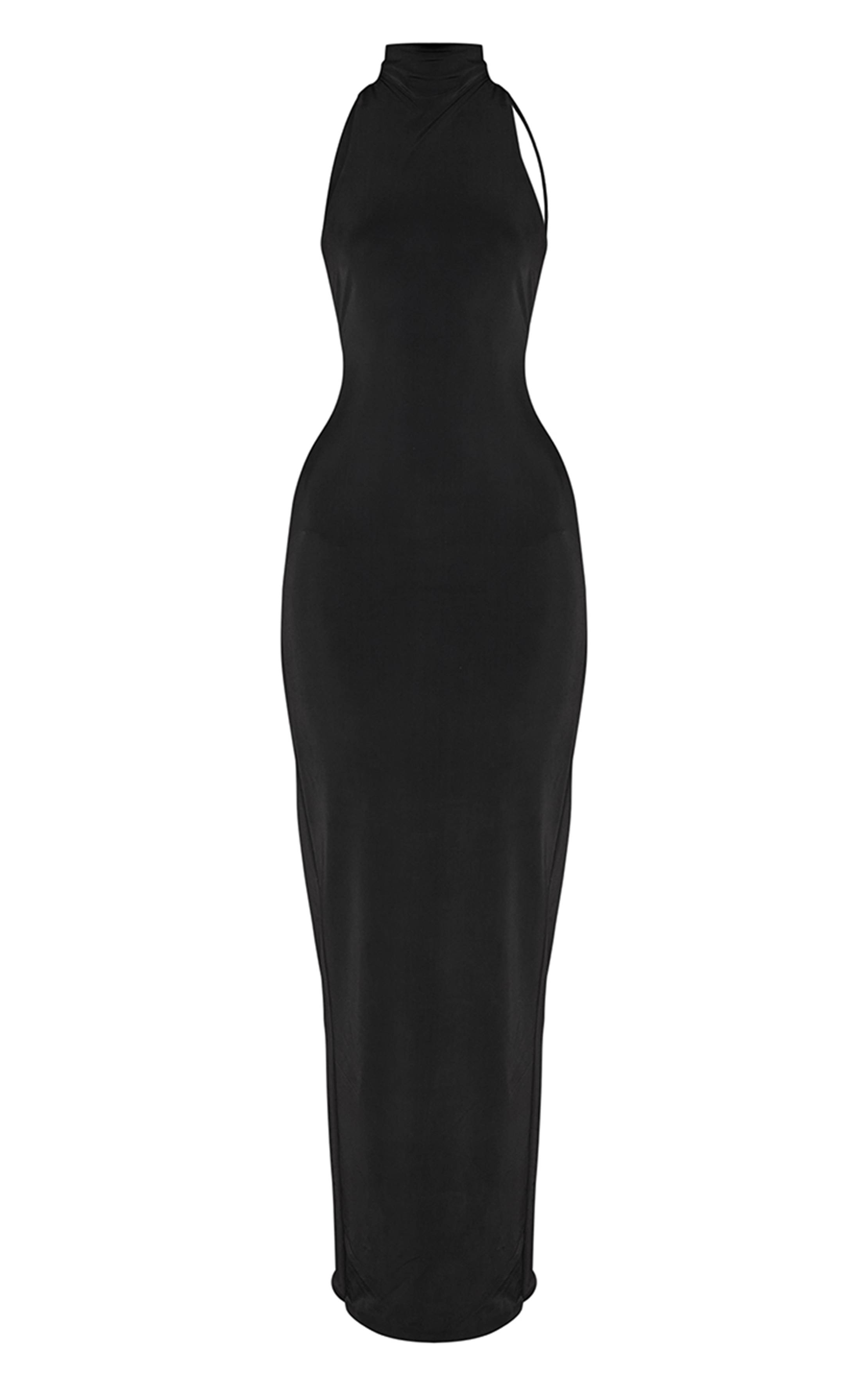 Noir Robe Maxi Asymétrique Près Du Corps À Col Montant