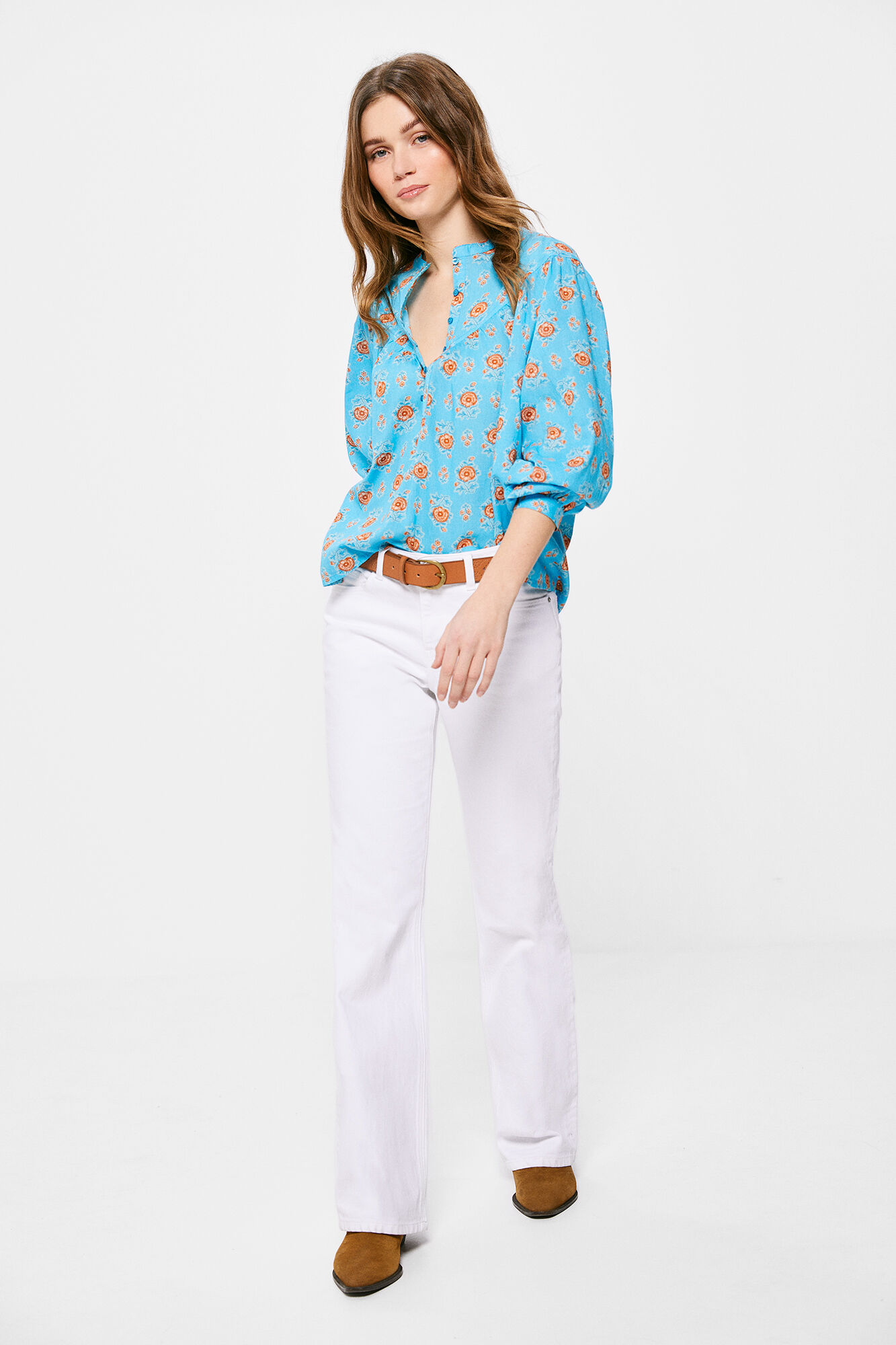 Blusa estampada com costura - azul