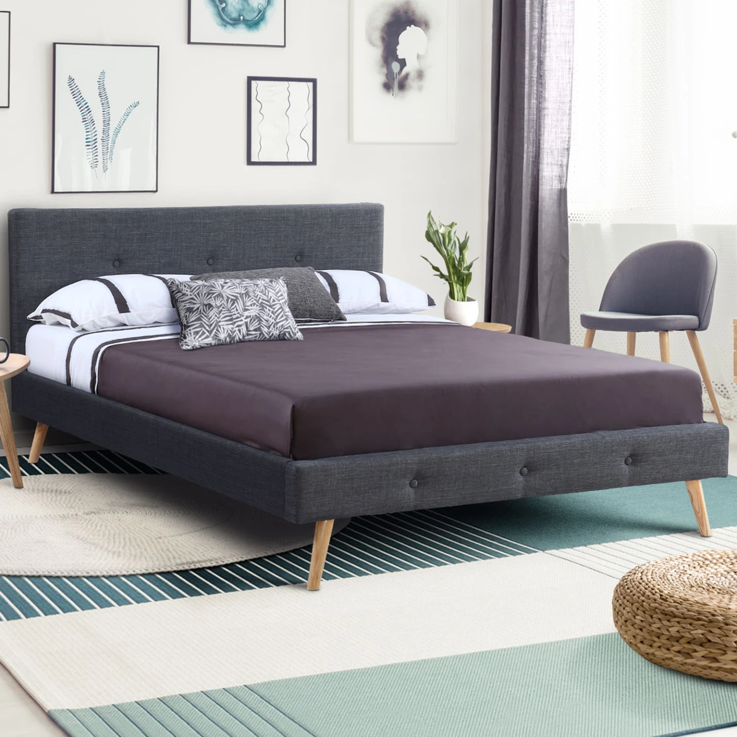 Lit double scandinave OSLO avec tête de lit et sommier 160 x 200 cm tissu gris anthracite