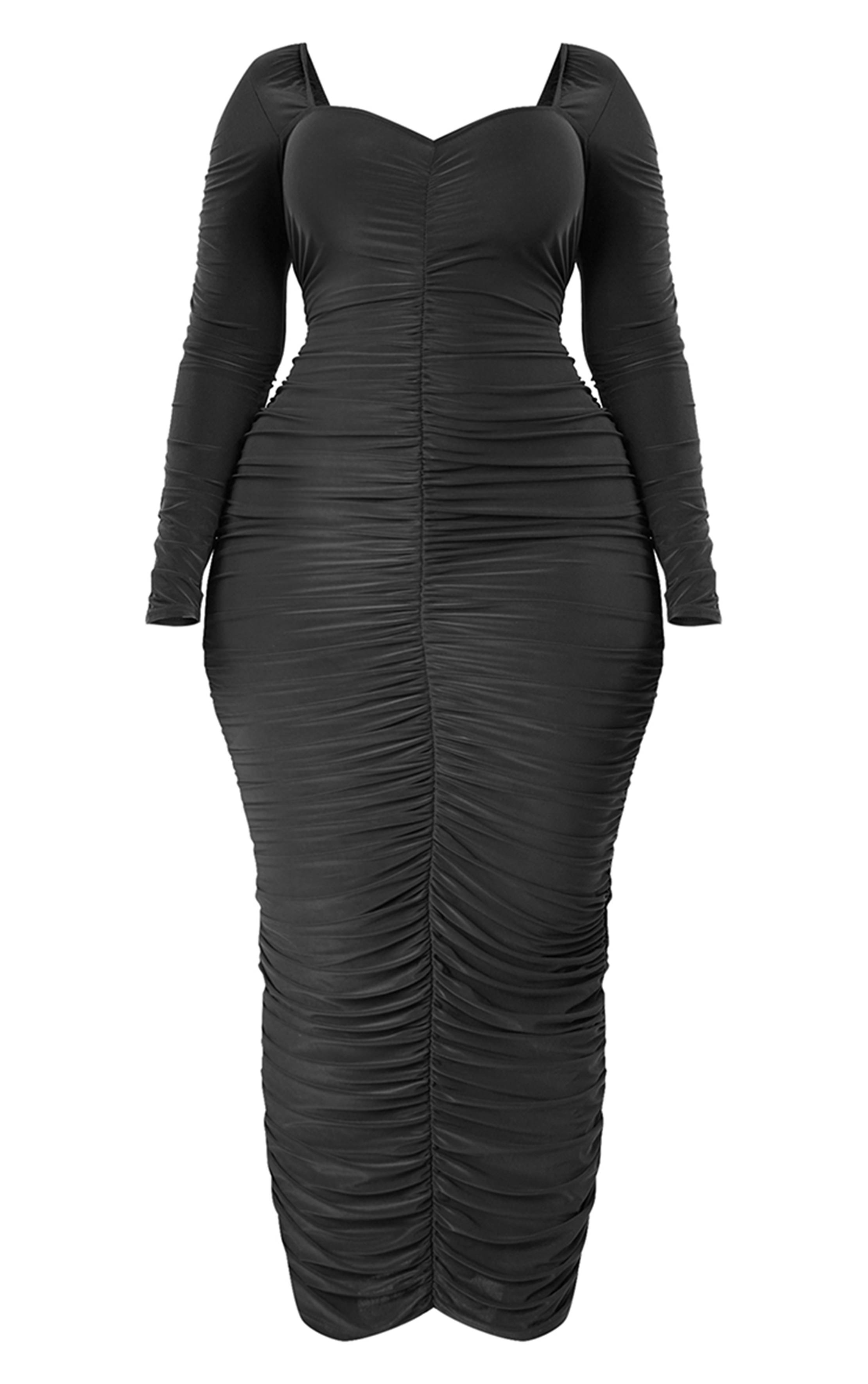 Noir Robe Midaxi Grande Taille À Manches Longues Avec Fronces Extrêmes