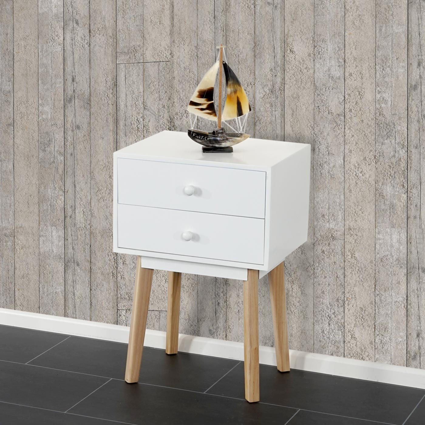 Kommode Vaasa T271, Beistelltisch Nachttisch Schrank, Retro-Design 59x40x30cm ~ Schublade weiß