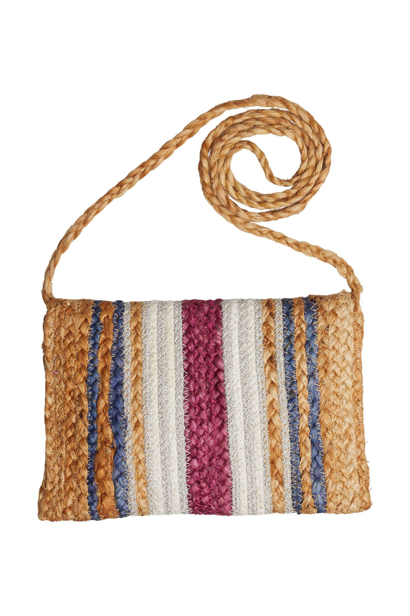 Bolsa carteira de juta trançada com listras multicoloridas - Multicolorida