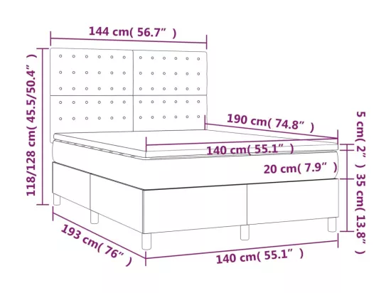 Sommier tapissier matelas et LED Bleu foncé 140x190 cm Velours