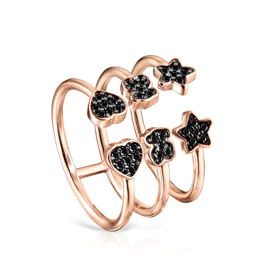 Anel aberto com banho de ouro rosa 18k sobre prata e detalhes em espinélio.