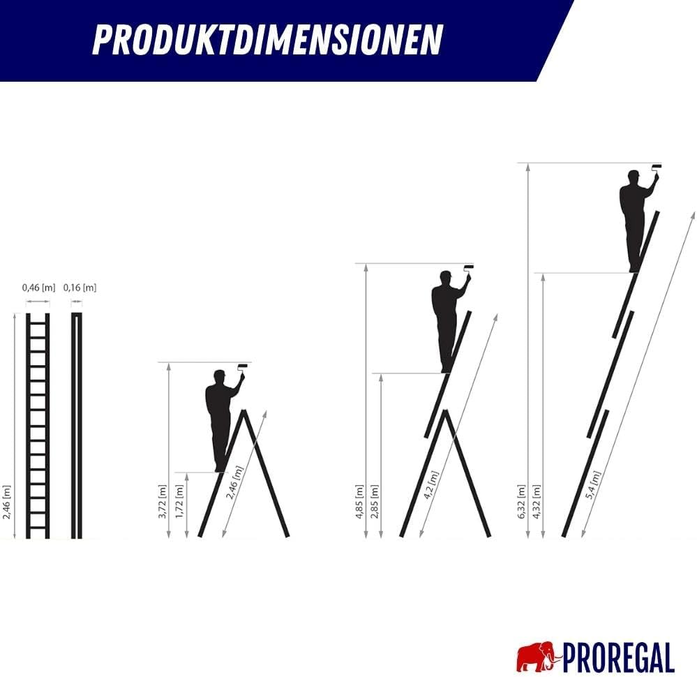 PROREGAL Economy Plus 3-delige multifunctionele ladder met dwarsbalk, 3 x 9 sporten, werkhoogte 5,84 m, draagvermogen 150 kg