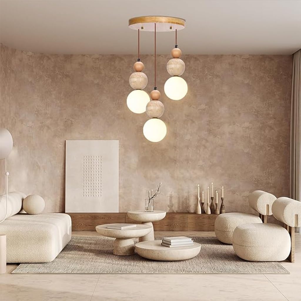 Wabi Sabi 3-Licht Pendelleuchte Travertin Stein Einbau Japandi Japanischer Nordischer Stil Sphärische Holz Kronleuchter Für Kücheninseln Esszimmer Wohnzimmer(A)