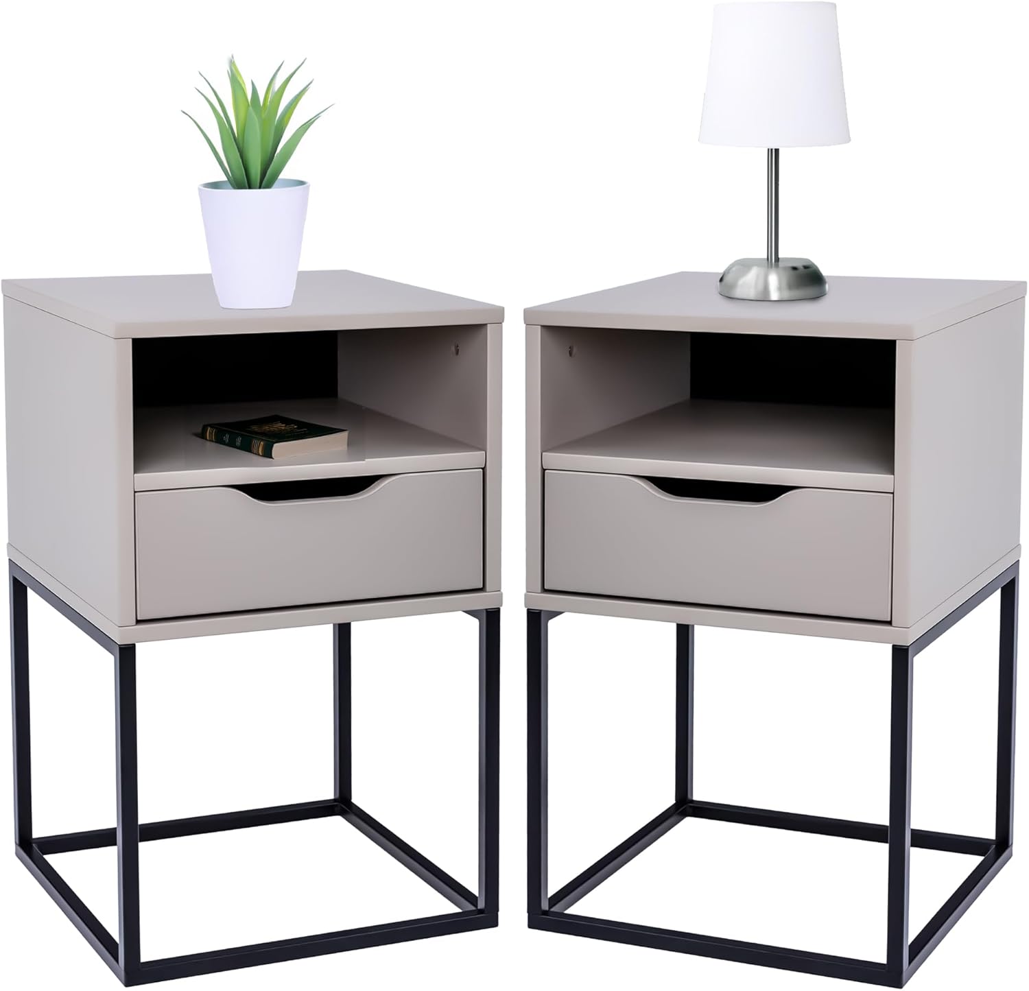 2er-Set Nachttische Rechteckig MDF, Metallgestell, Beige mit Schublade, Lackiert, Einfach Montage, 38x36x63cm