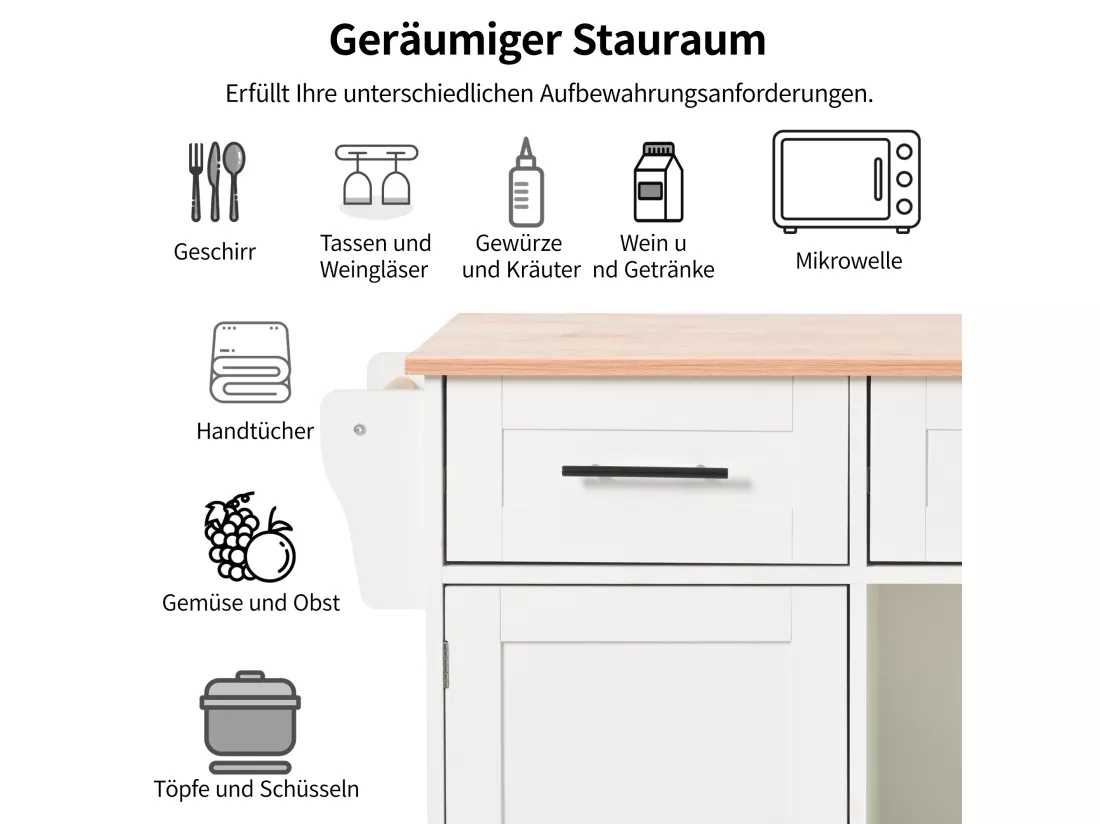 Ilot central de cuisine mobile avec 2 portes et 3 tiroirs - plateau extensible - 129x46/71x91,5 cm - Bois MDF + métal - Blanc + naturel