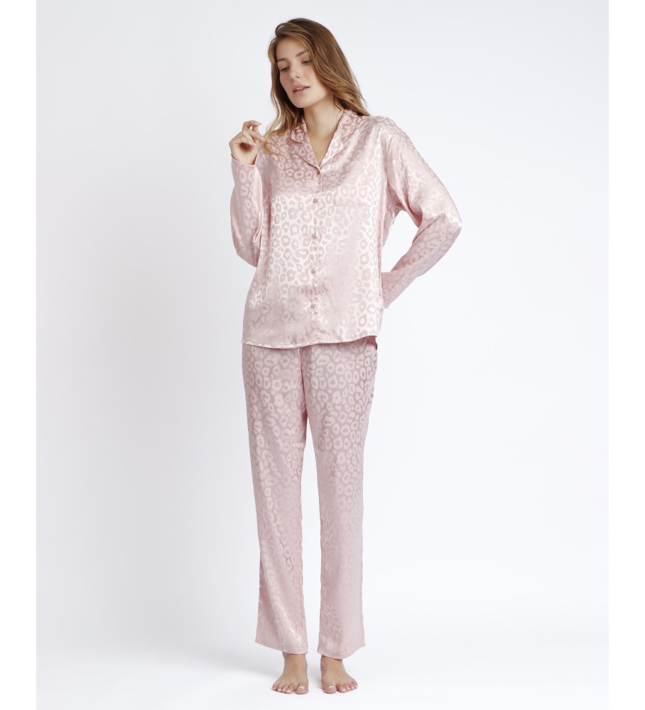 Pijama aberto Admas de manga comprida em cetim com estampa de leopardo nude