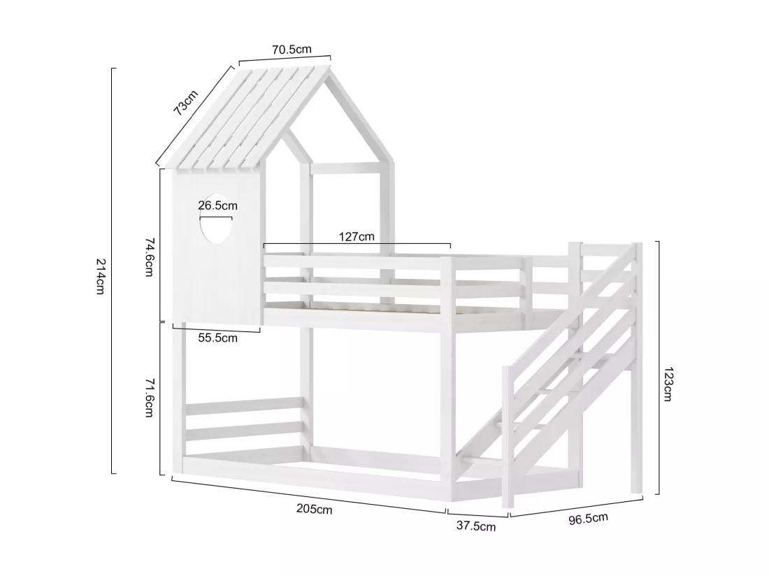 Lit cabane 90x200cm, Lit superposé avec Garde-Corps, Forme Toit, Lit en Bois Massif avec sommiers à Latte pour 2 Personnes, Blanc