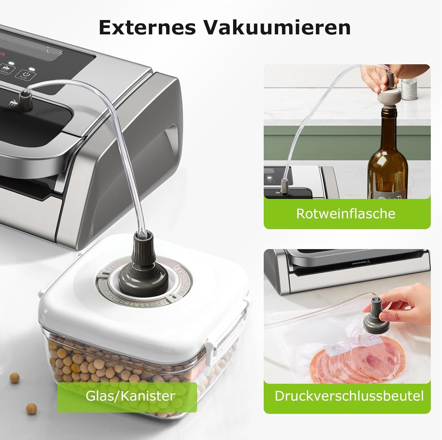 Bonsenkitchen Vakuumiergerät, Vakuumierer-15L/Min Hochleistung, Testsieger Sehr Gut, Design mit Griffverriegelung und Integrierter Schneider, inkl.2 Rollen Vakuumrollen, Silber