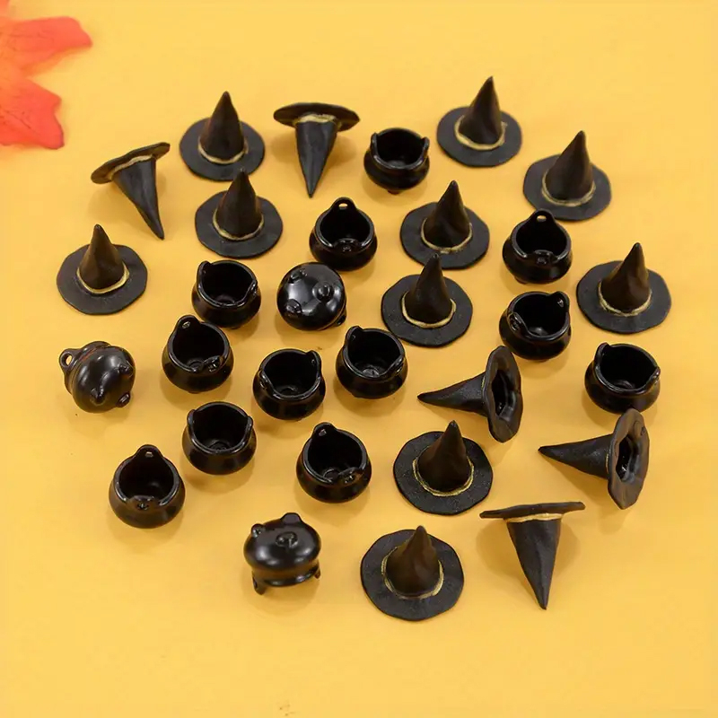 (20-tlg. Set) Miniatur Halloween Deko Mini Hexenkessel / Hut Grusel Party Tischdekoration Bastel Zubehör für Kreative DIY Projekte - Schwarz