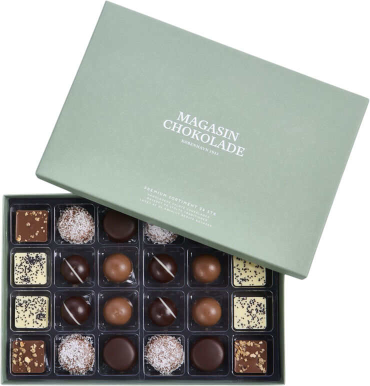 Magasin Chokolade Æske, 24 stk. Dessertchokolade. Grøn & no color