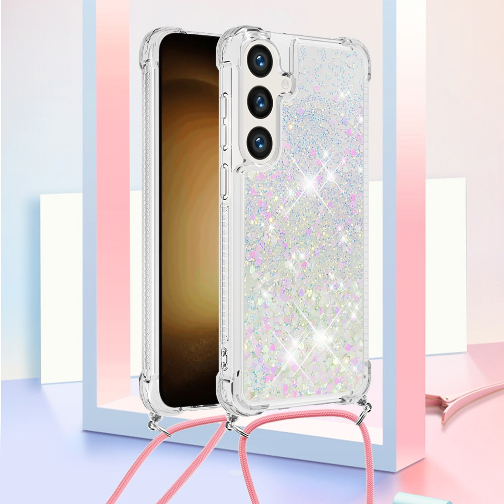 Samsung Galaxy S24  Plus Necklace Gummi Hülle Liquid Glitzer   Handykette (130cm) - Rosa / Silber
