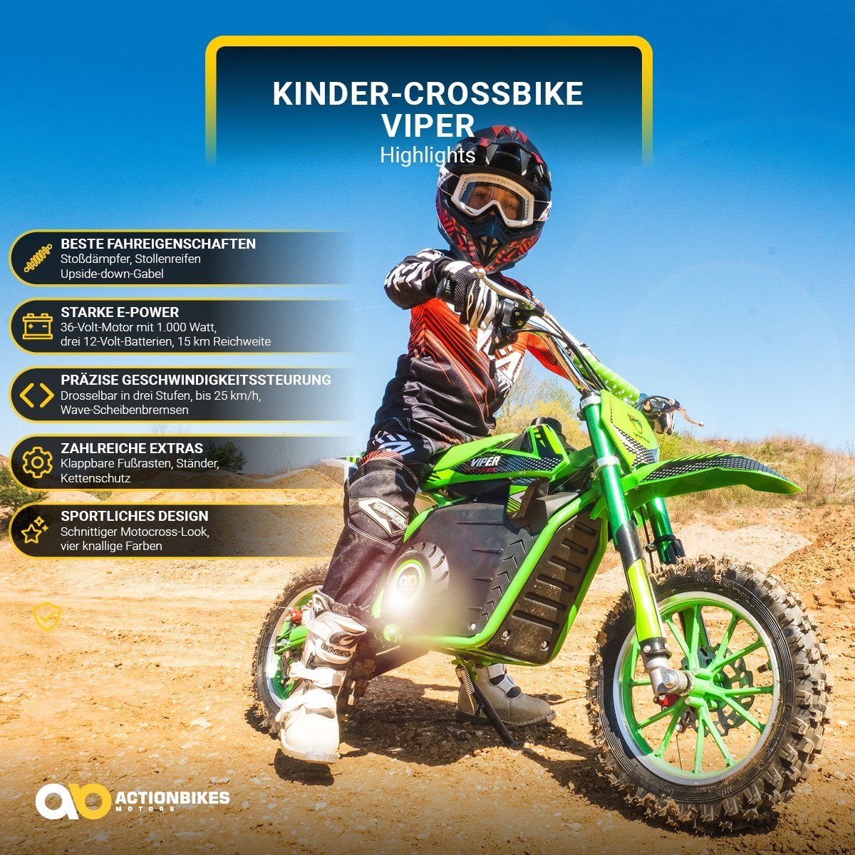 Motocicleta elétrica infantil Actionbikes Motors Viper 1000 W elétrica - 3 níveis - até 25 km/h, capacidade de carga 60 kg (1 unidade), mini moto de trilha elétrica, mini moto de pit bike, pocket bike a partir de 5 anos