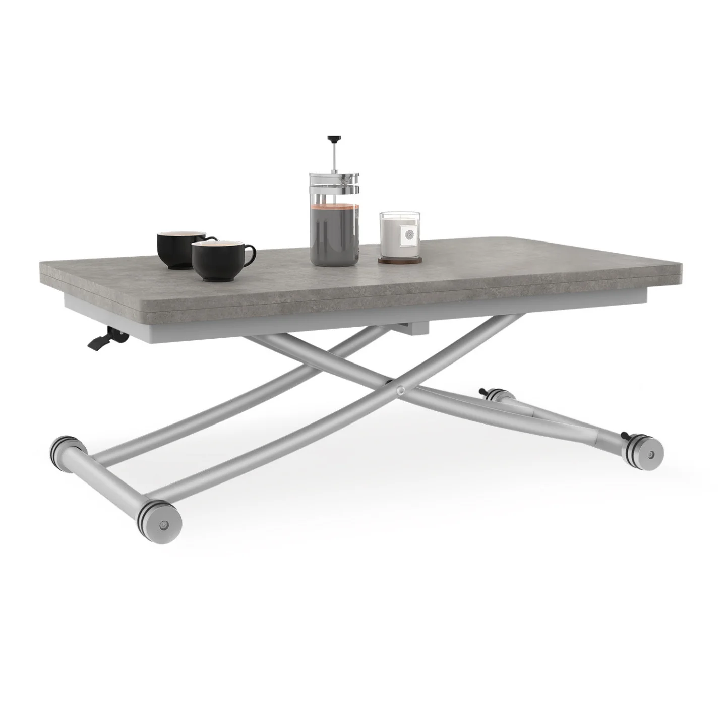 Table basse 2-en-1 relevable en table à manger 6-8 personnes plateau portefeuille URBANA plateau effet béton