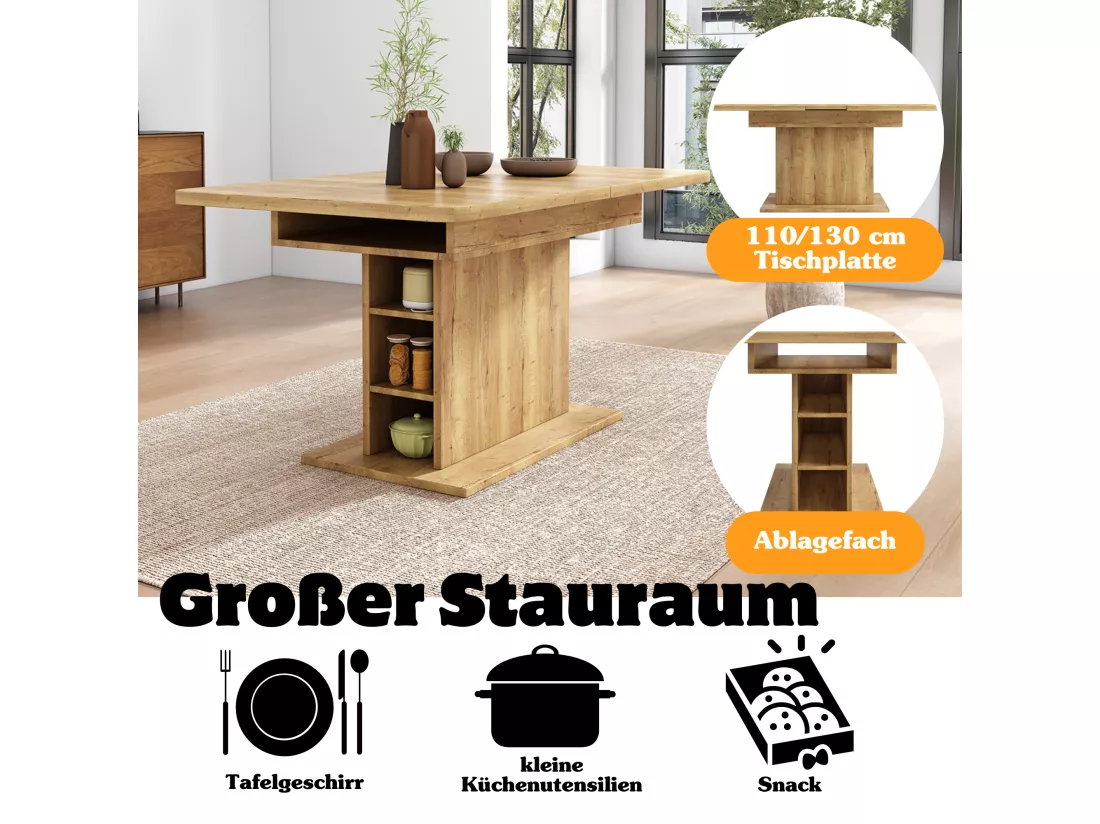 Table à manger extensible 4 à 6 couverts avec étagères de rangement - 110/130 x 70 x 75 cm - Panneaux de particules - Naturel