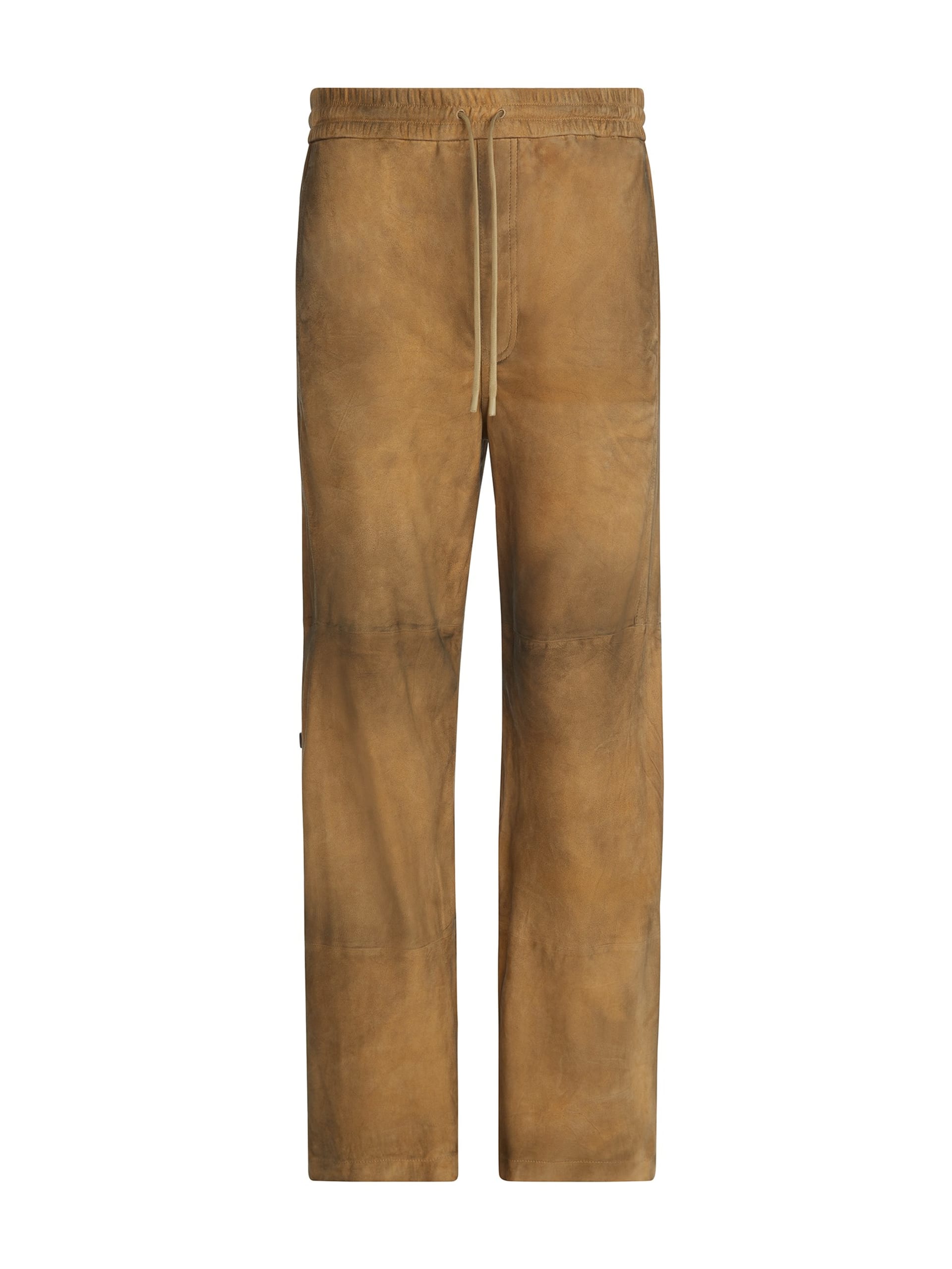 calça de camurça com fecho de botão de pressão, estilo relaxado.