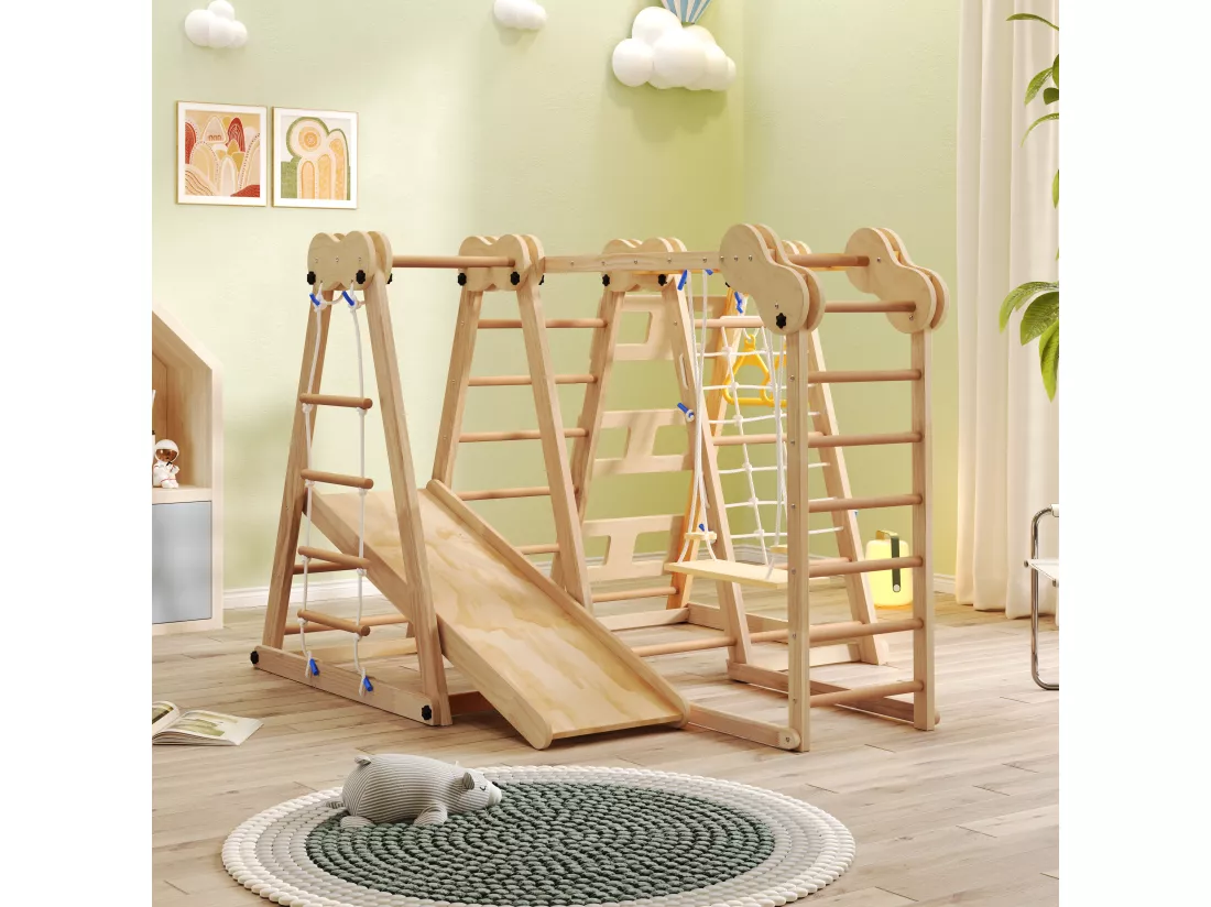 Aire de jeu 7 en 1 pour enfant - avec toboggan, barre d'escalade, balançoire, corde d'escalade, échelles en filet - couleur bois