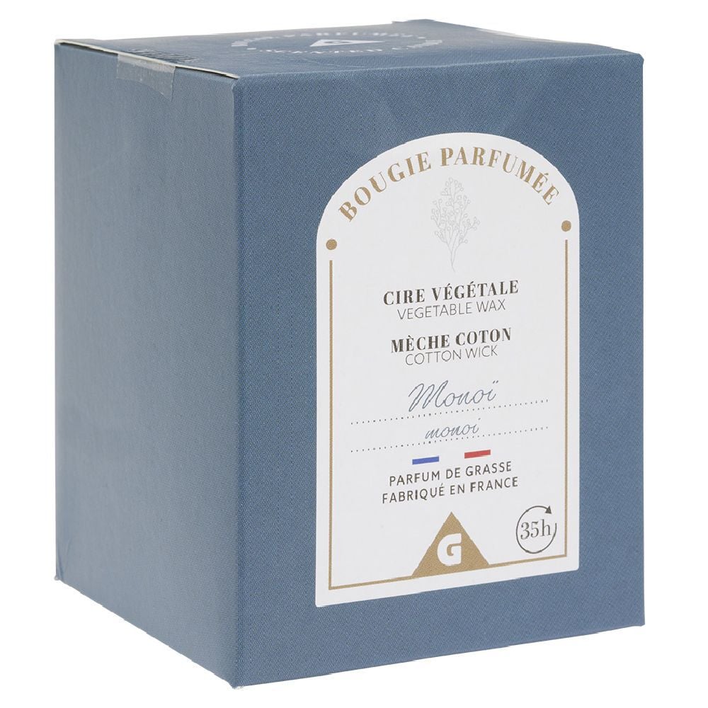 Bougie bleue dans verre senteur monoï Ø7xH8cm