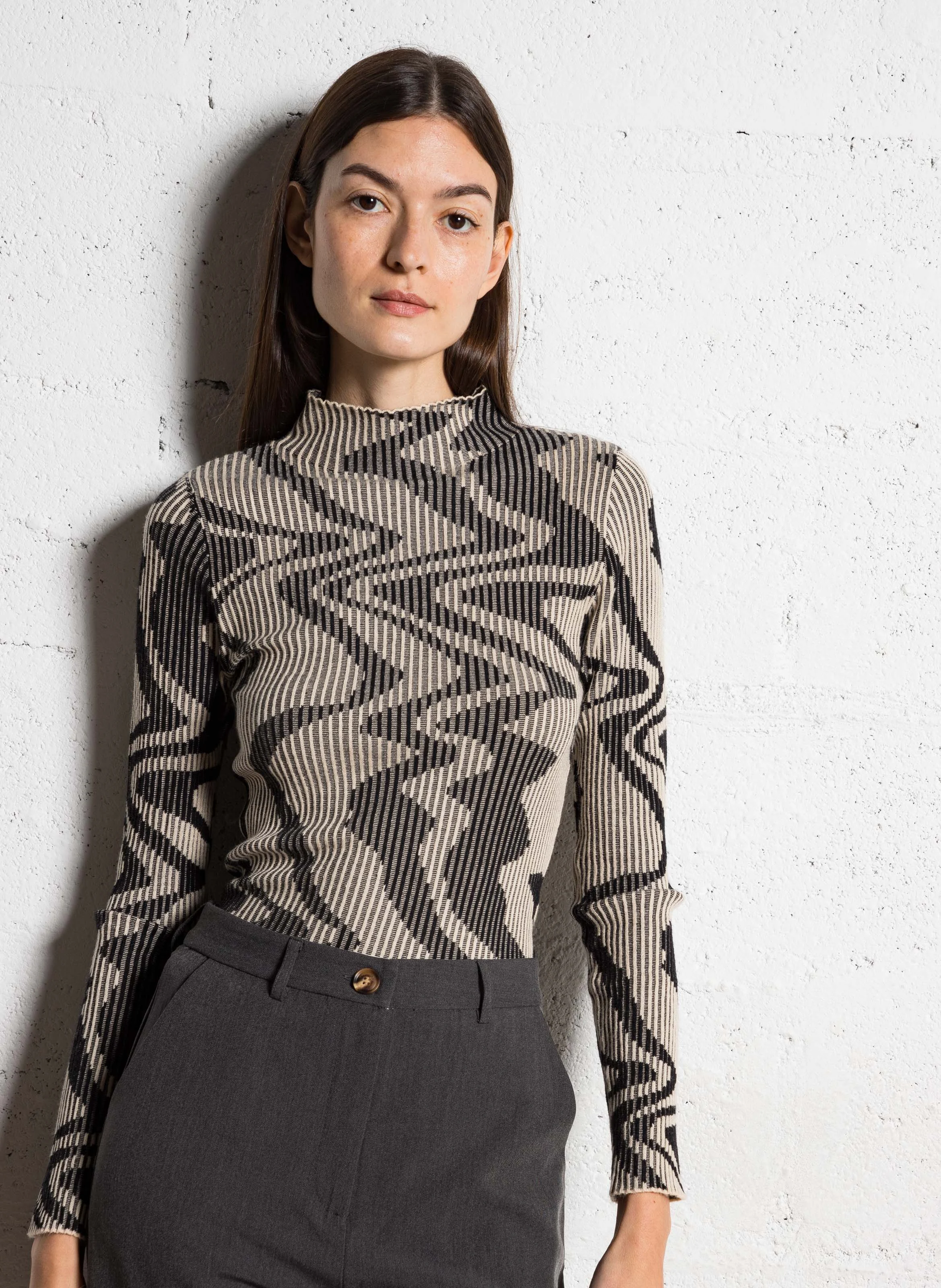 Top col cheminé en maille | Beige