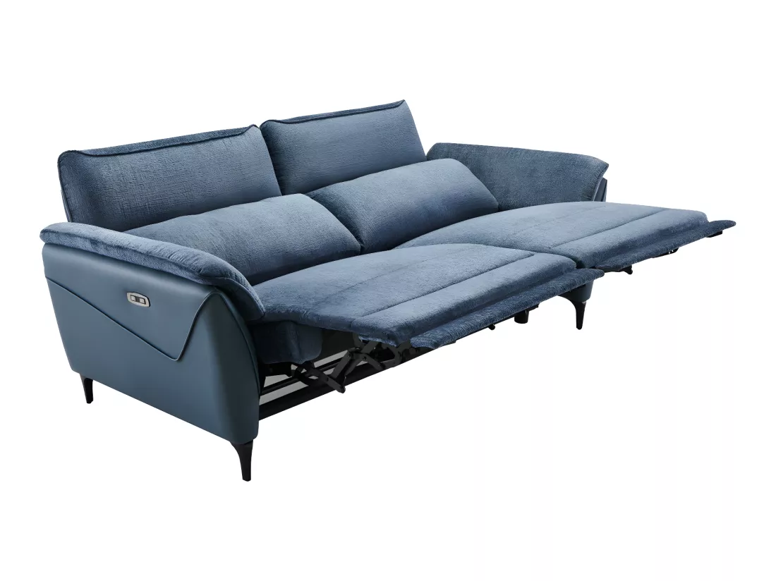 Canapé 3 places relax électrique Tissu/Simili cuir Bleu - CEPHEE