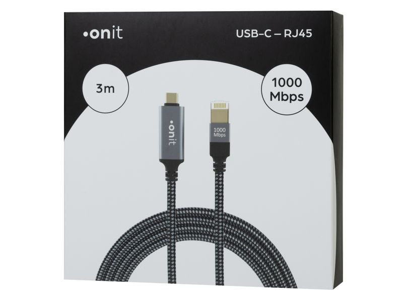 onit Adapterkabel USB-C – RJ45 Grau/Schwarz, 3 m LAN-Kabel für Mobilgeräte ohne RJ45-Anschluss