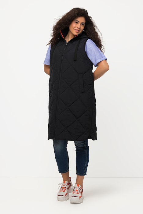 Long-Steppweste, seitliche Zipper, Stehkragen, ärmellos