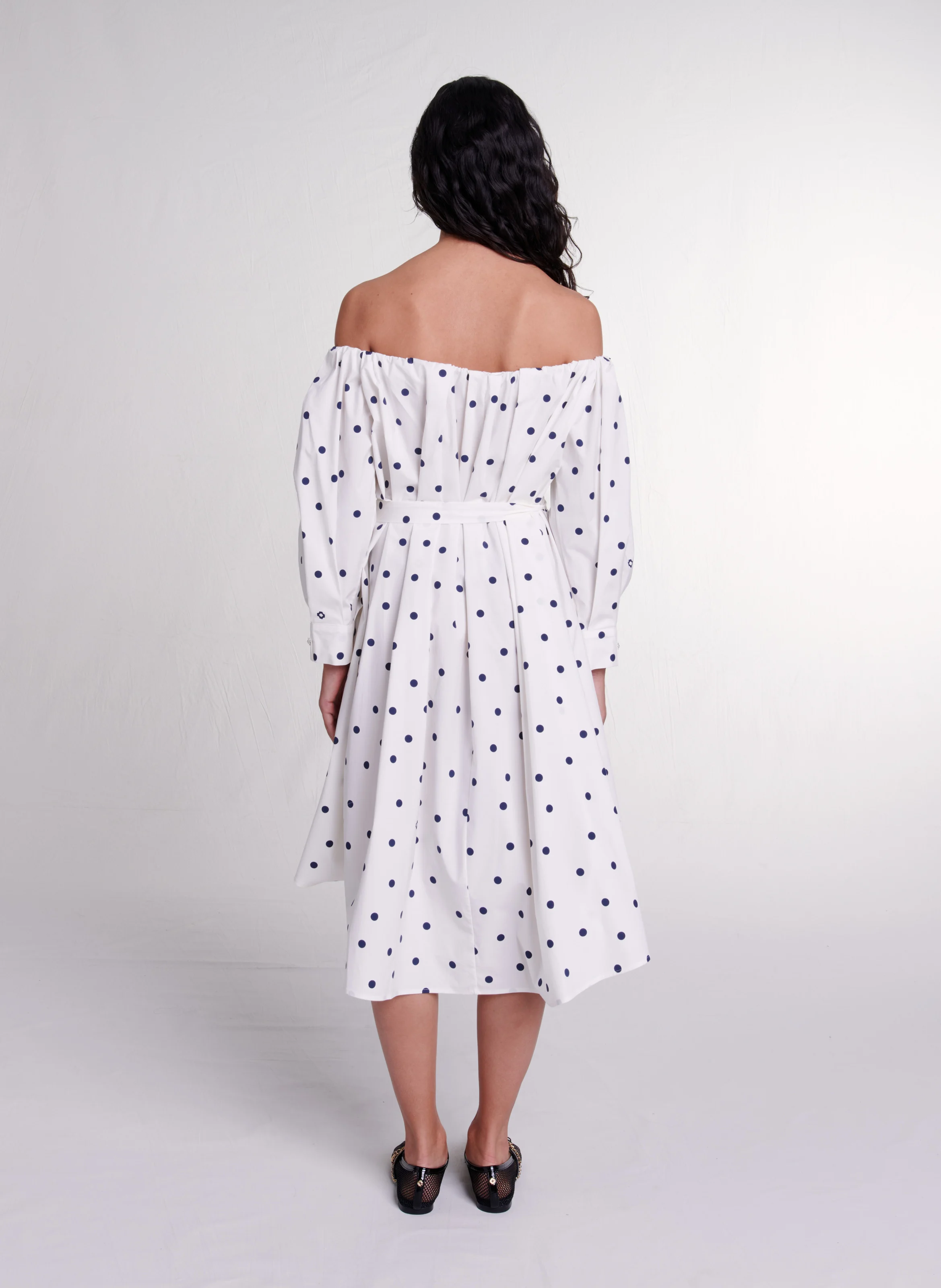 Robe chemise ajustée encolure bardot en coton mélangé imprimé | Multicolore