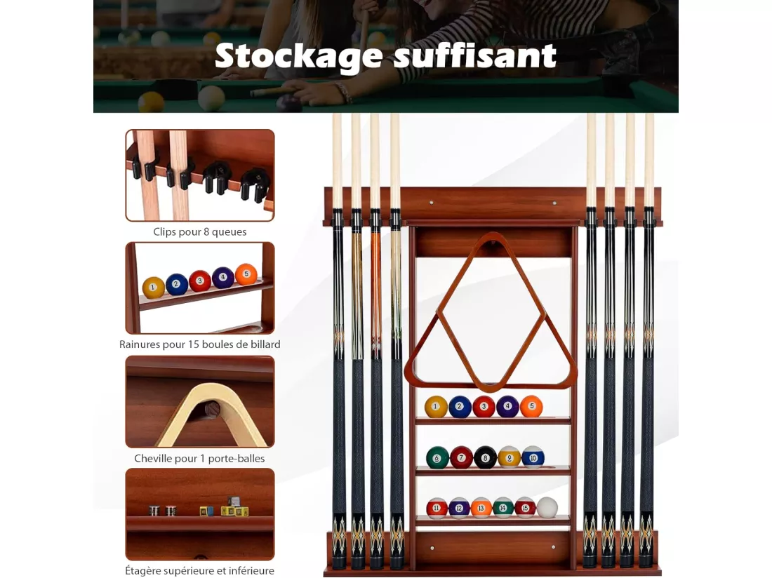 Porte-Queues de Billard Mural, Support de Billard 8 Queues et Rainures à 3 Niveaux 15 Porte-balles, 1 Porte-boules en Bois de Pin pour Salle de Billard, Club (Marron)