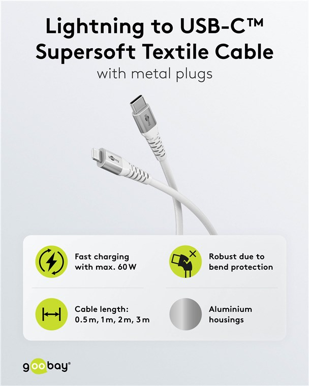 (3m) 60W MFi USB C auf Lightning Ladekabel Textil Datenkabel (74521) - Weiss