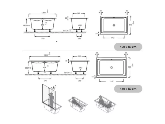 Baignoire bain douche JACOB DELAFON Capsule, compacte + pare bain en niche 120 x 80 cm