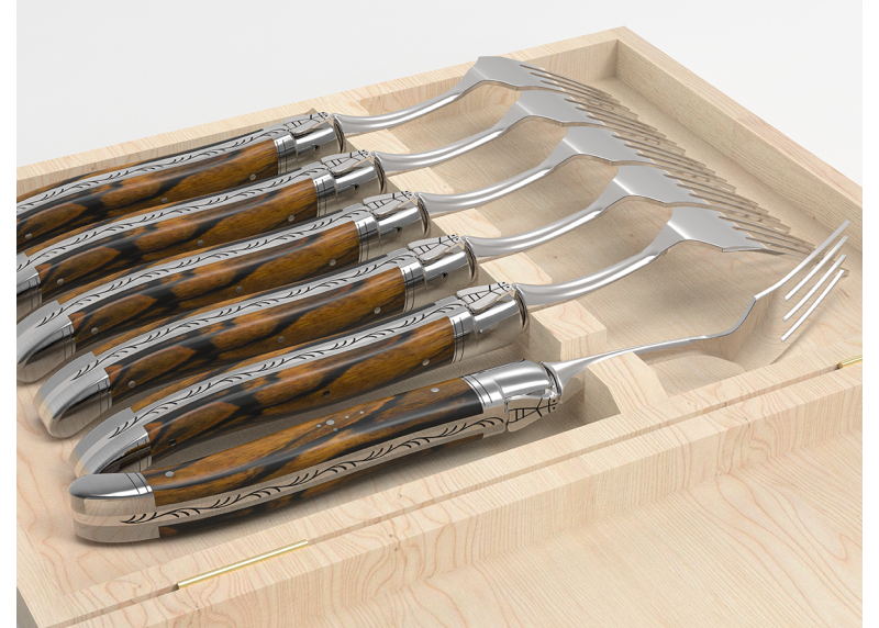 Service de 6 fourchettes Laguiole avec un manche en bois d'ébène royal et mitres en acier inoxydable
