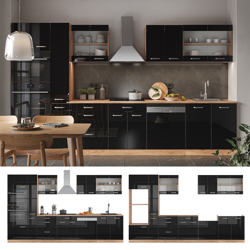 Vicco Küchenzeile R-Line Solid Eiche Schwarz 350 cm modern Küchenschränke Küchenmöbel