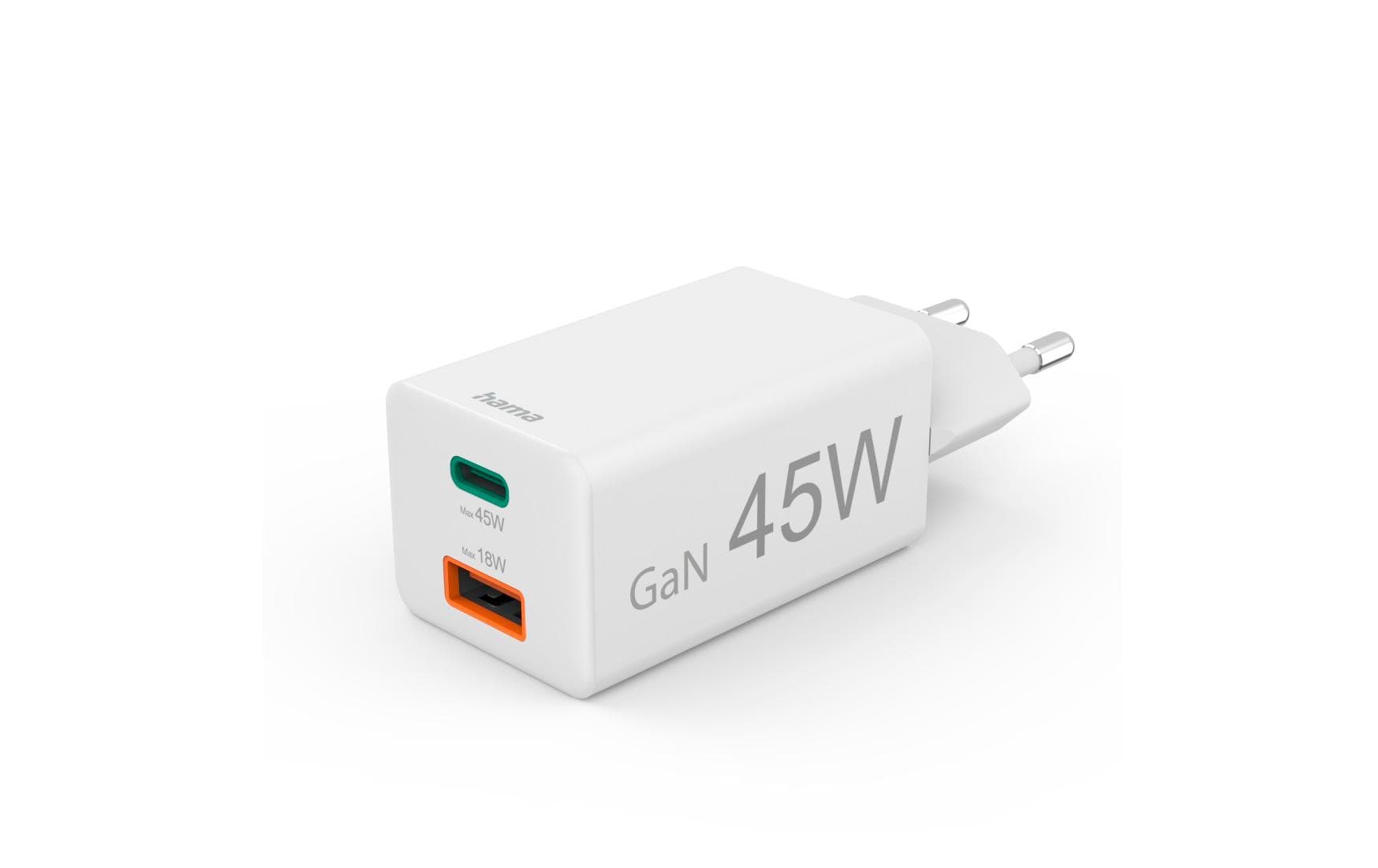 USB-Wandladegerät Gan charger USB-A USB-C 45 W WeissSchnellladegerät mit 1x USB-C und 1x USB-A