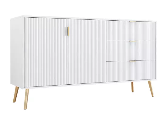 Buffet moderne avec pieds et poignées dorés, commode, laqué, coins arrondis, 7 compartiments, 140L*40P*78H cm, blanc