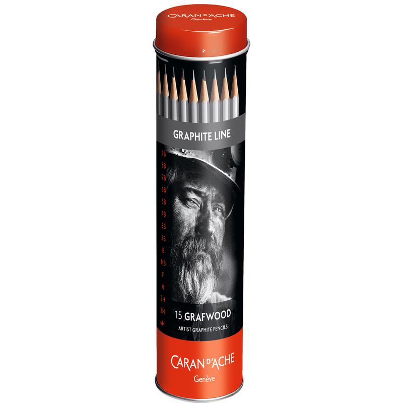 Caran d'Ache Bleistifte Graphite Line Grafwood, 15er Set, 2.1 mm, 4H/3H/2H/H/F/HB/B/2B/3B/4B/5B/6B/7B/8B/9B, grau/schwarz