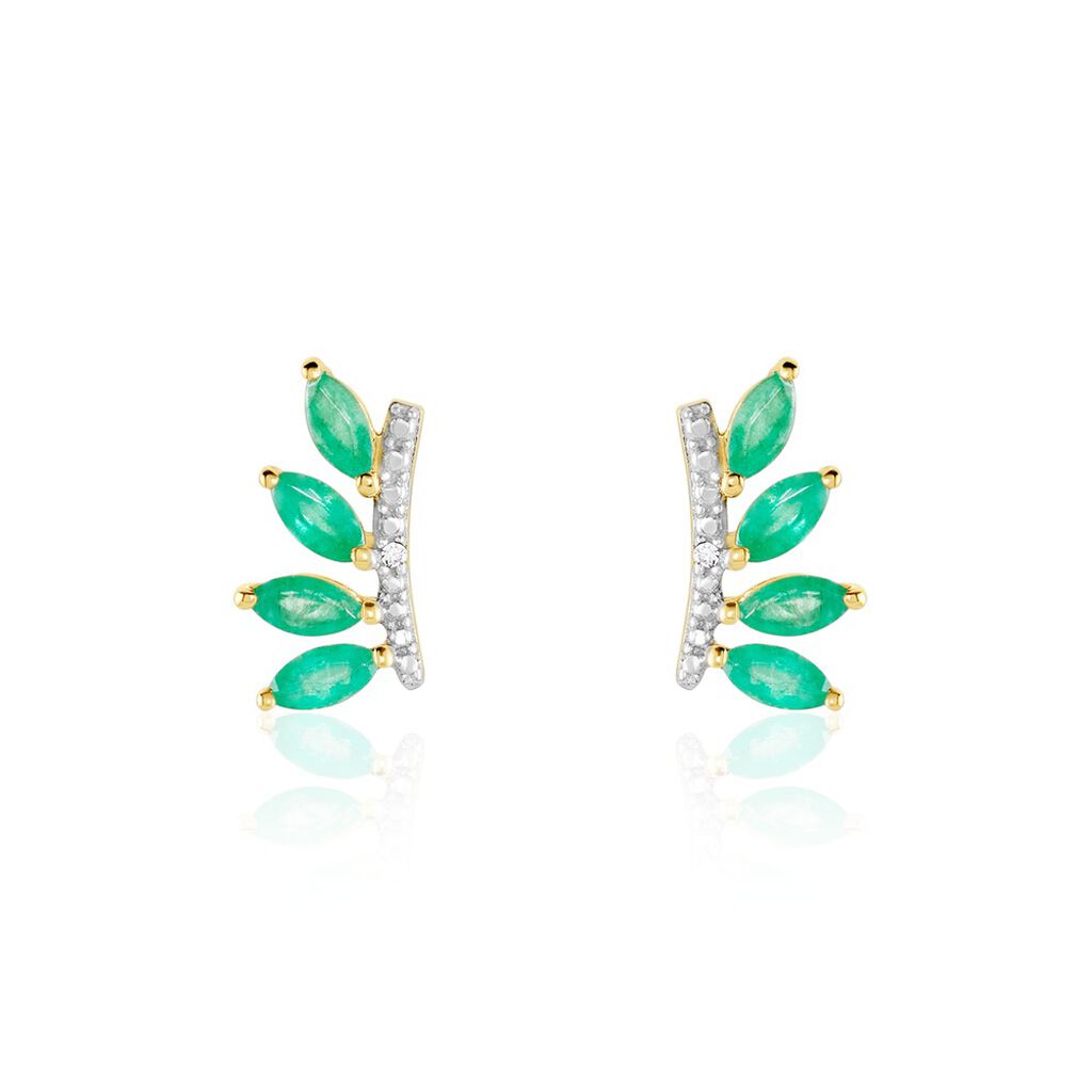 Boucles D'oreilles Puces Navette Or Jaune Emeraude Diamant