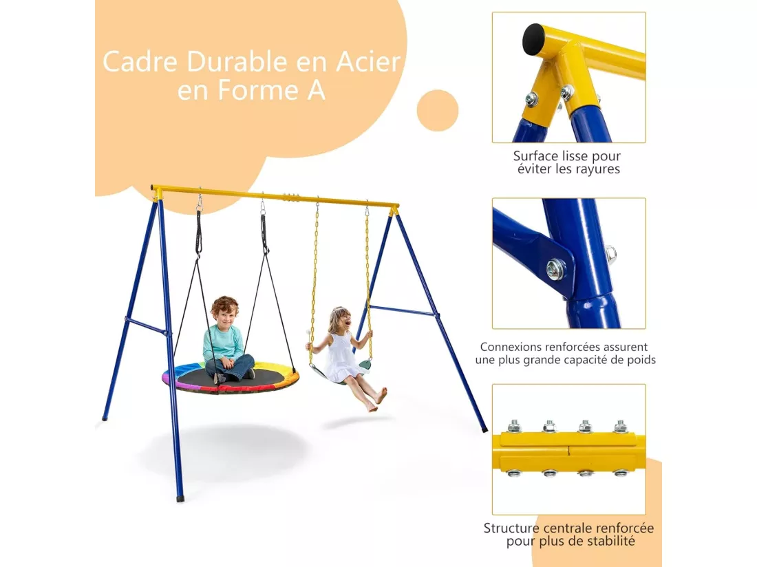Portique de Balançoire pour Enfants en Forme de A Charge 300KG avec 2 Façons de Suspendre Piquets d'Ancrage 249x185x181,5cm